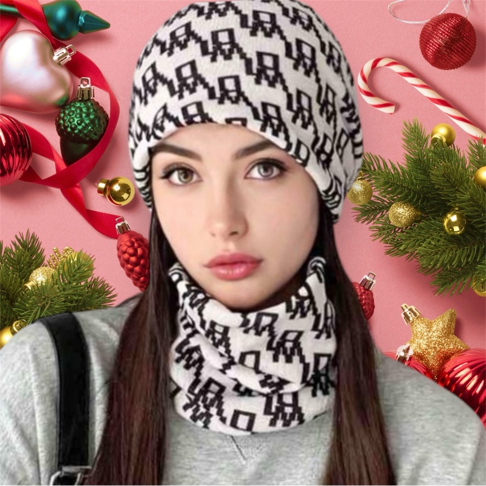 MONOGRAM KNIT BEANIE AND INFINITY NECK WARMER - WHITE BLACK PRINT 2 PIECE